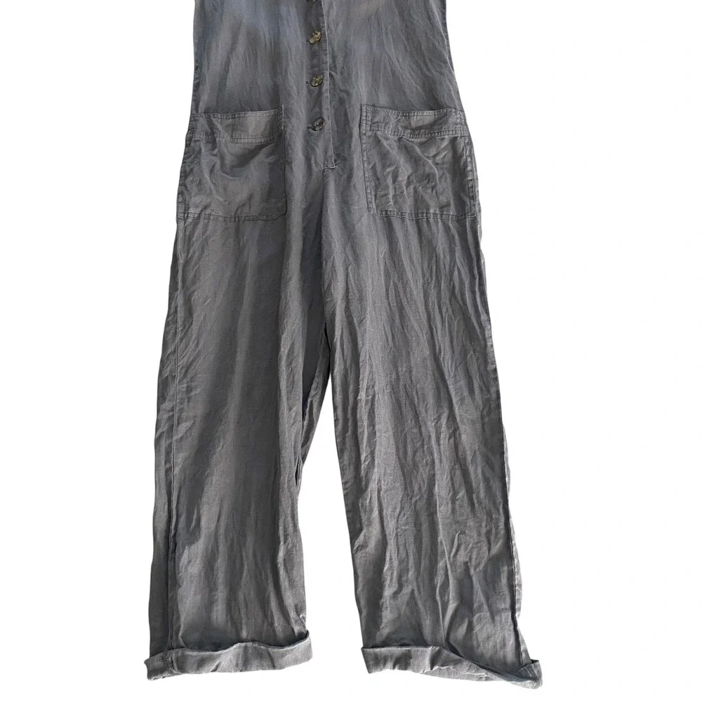 Zara Lilllian Jumpsuit Womens S Gray Linen Blend Button Front Utility Jumpsuit